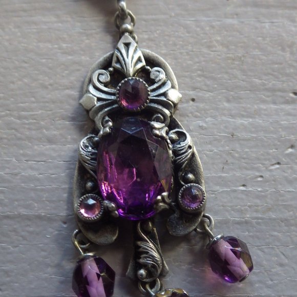 ART NOUVEAU AMETHYST PURPLE GLASS BEADS NECKLACE CZECHOSLOVAKIA SIGNED - Picture 2 of 6